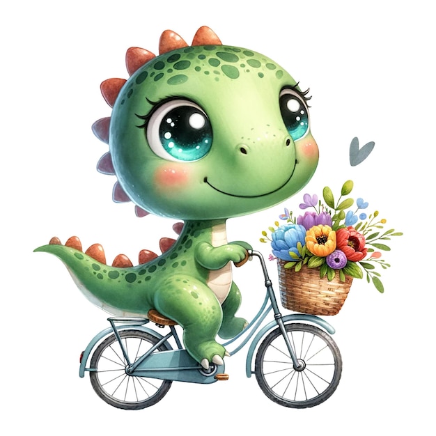 A dinosaur on a bike with a basket of flowers