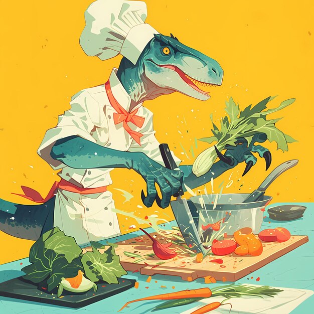 Foto dinosaur chef een velociraptors culinaire avontuur