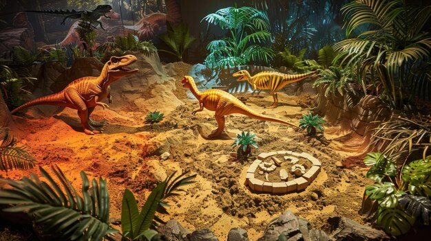 Photo dinosaur dig site an exciting d excavation site with fossilized bones digging tools and hidden dinosaur eggs ai generated illustration