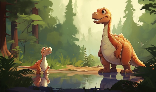 a dinosaur and dinosaur are standing in the woods