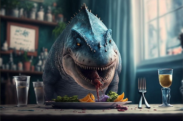 a dinosaur eating a plate of food with a knife and fork and a plate of food.