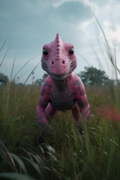 A dinosaur in a field of grass