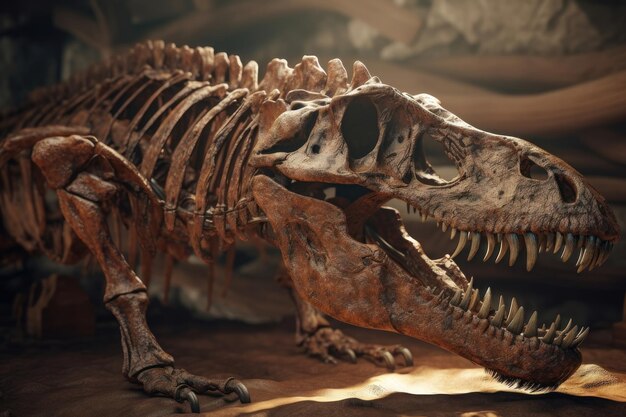 Photo dinosaur fossil tyrannosaurus rex found by archaeologists ai generated