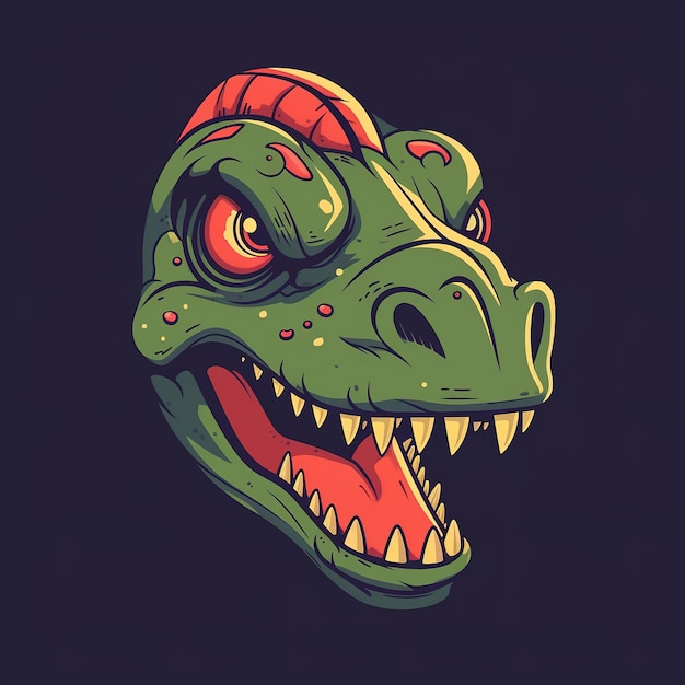 A dinosaur head with a red eye and a green eye.