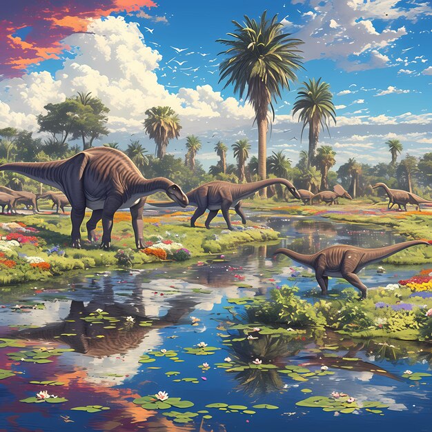 Photo dinosaur herd in ancient ecosystem