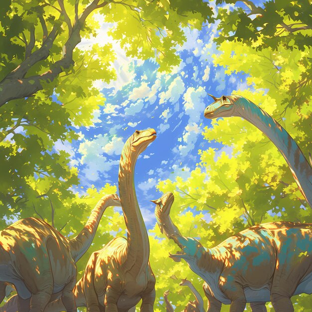 Photo dinosaur herd in a sunlit forest