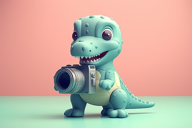 a dinosaur holding a camera with a camera in his hands