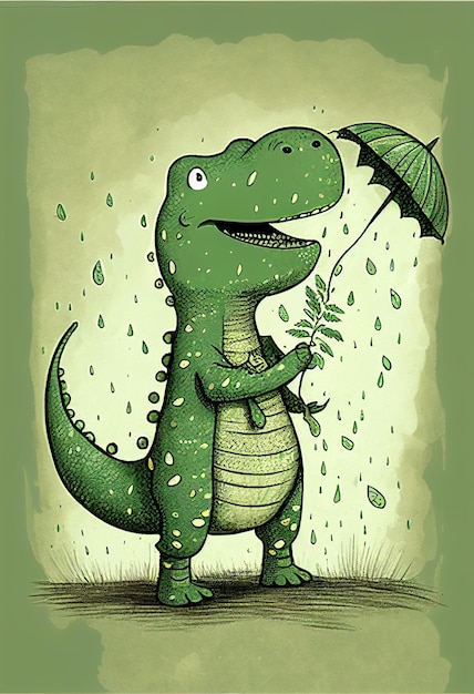 A dinosaur holding an umbrella in the rain