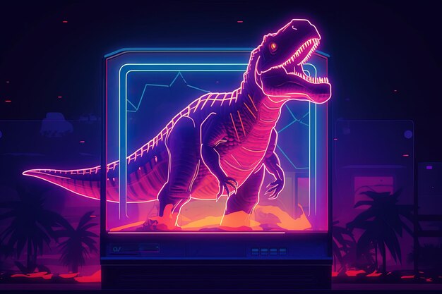 Dinosaur illustration on the screen of an arcade machine retro 80039s style Generative AI