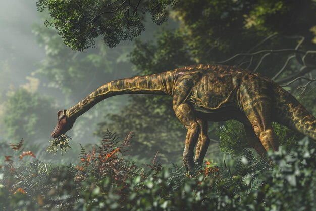 Photo a dinosaur is walking through a forest eating leaves