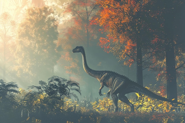 A dinosaur is walking through a forest with trees that have red leaves