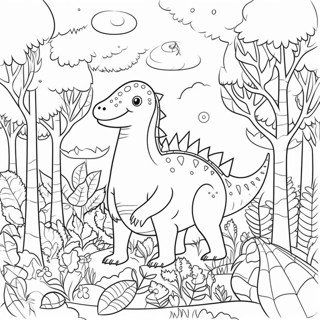 Photo a dinosaur in the jungle coloring page generative ai