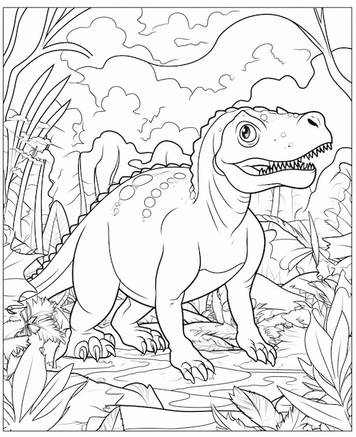 A dinosaur in the jungle coloring page