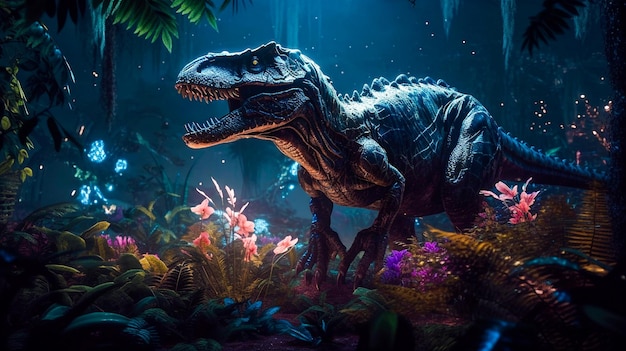 A dinosaur in a jungle with a dark background