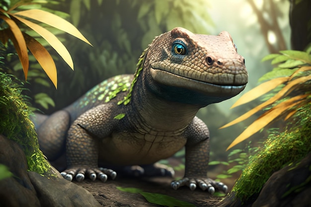 A dinosaur in a jungle with green eyes and blue eyes stands in a jungle scene.