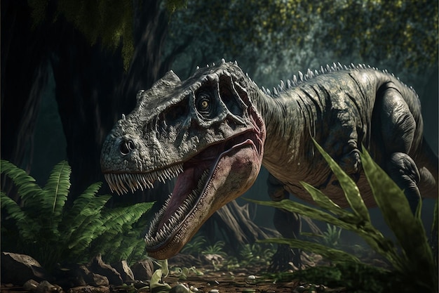 A dinosaur in a jungle with a large mouth and a large tyrannosaurus.