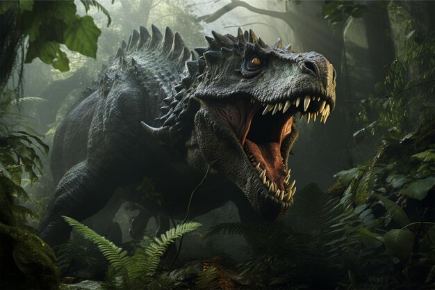 a dinosaur in a jungle with a large mouth open