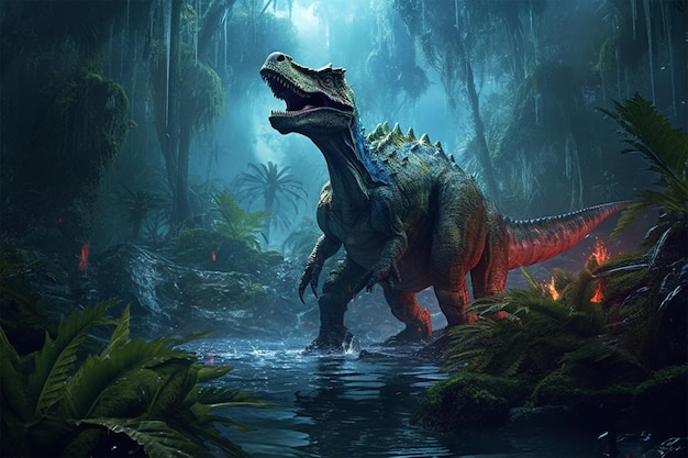 Photo a dinosaur in a jungle with a red tail and a green tail that says'jurassic world '