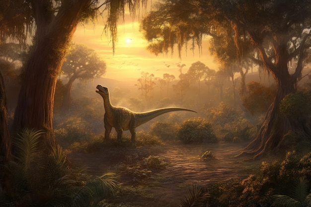 A dinosaur in a jungle with the sun shining on it