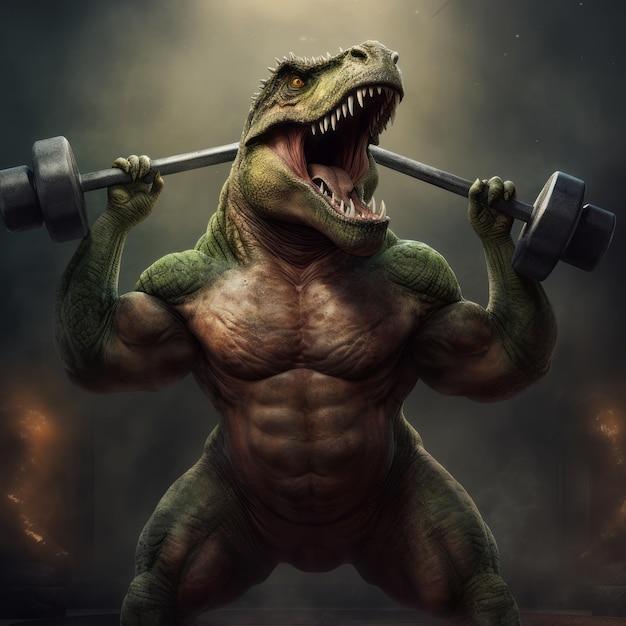 a dinosaur lifting weights with its mouth open