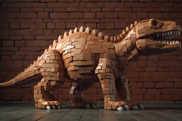 Dinosaur made of bricks on wooden background Toy of dinosaurs