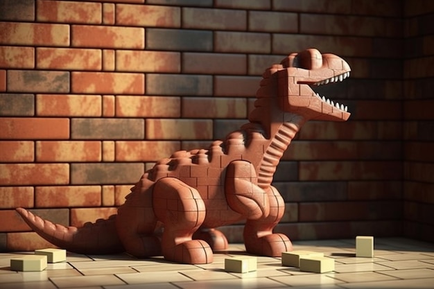 Dinosaur made of bricks on wooden background Toy of dinosaurs