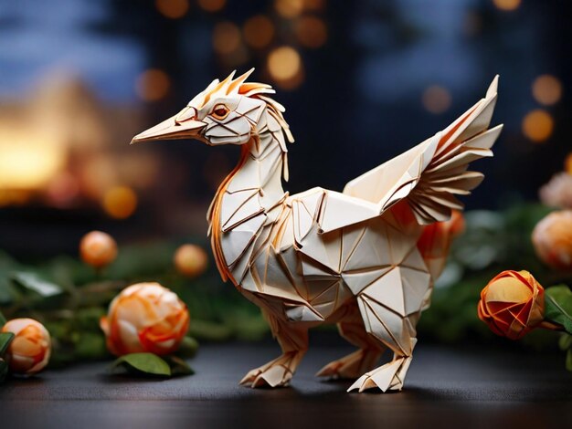 a dinosaur made of paper with orange flowers in the background