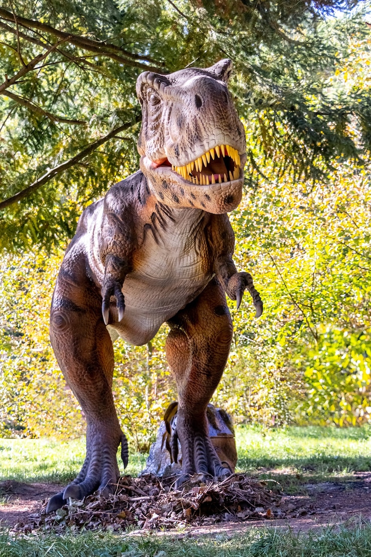 Photo 公園の恐竜モデル。夏の晴れた日の公園での展示会での巨大なティラノサウルス