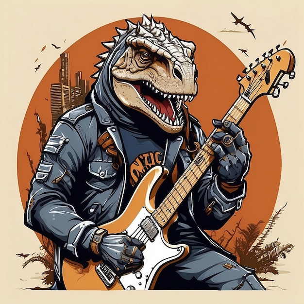 Dinosaur playing guitar vector tshirt design created with AI