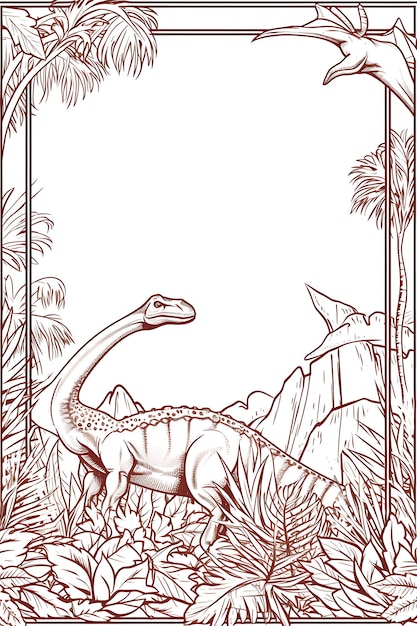 Dinosaur Prehistoric paradise border frame on blank book coloring page