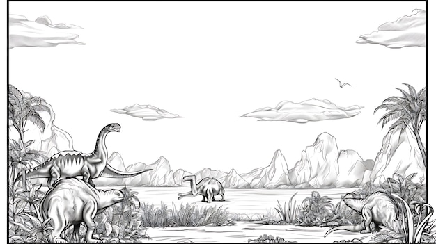 Photo dinosaur prehistoric paradise border frame on blank book coloring page