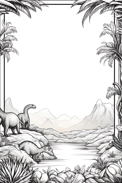 Dinosaur Prehistoric paradise border frame on blank book coloring page