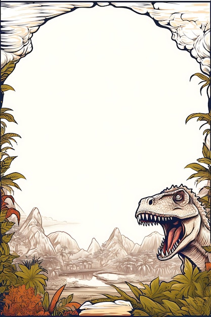 Dinosaur Prehistoric paradise border frame on blank book coloring page