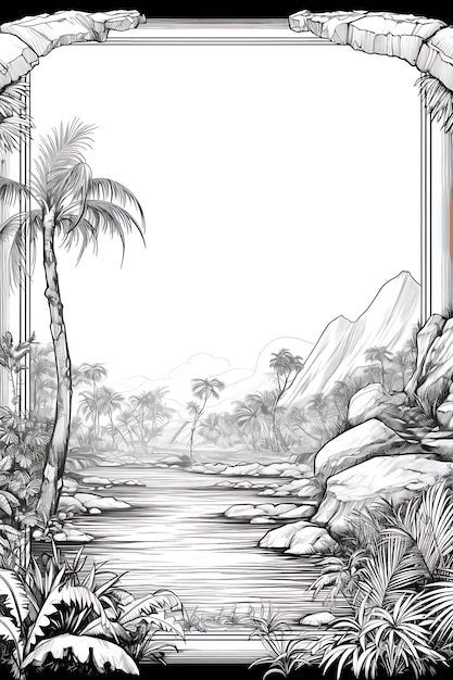 Photo dinosaur prehistoric paradise border frame on blank book coloring page