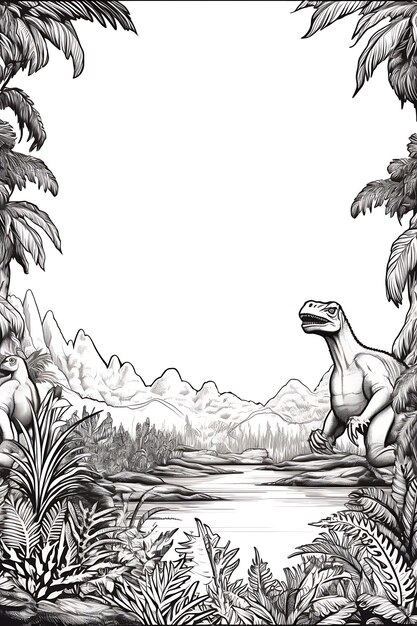 Dinosaur Prehistoric paradise border frame on blank book coloring page