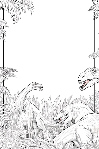 Photo dinosaur prehistoric paradise border frame on blank book coloring page
