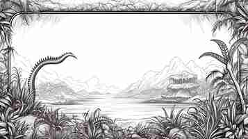 Photo dinosaur prehistoric paradise border frame on blank book coloring page