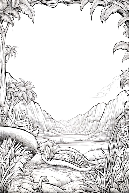 Foto cornice del confine del paradiso preistorico dei dinosauri sulla pagina da colorare del libro bianco
