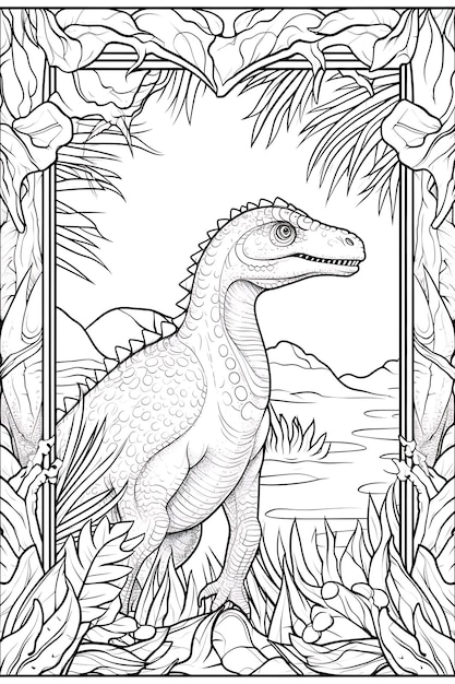 Photo dinosaur prehistoric paradise border frame on blank book coloring page