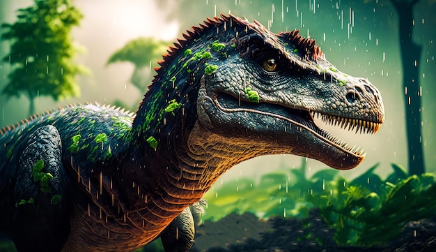 森の背景に雨の中の恐竜 生成 AI