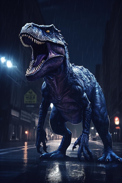 A dinosaur in the rain with the word t - rex on it