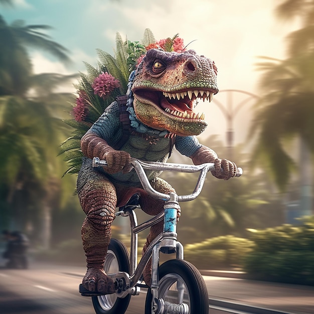 Dinosaur riding a bicycle in the road style Generative AI