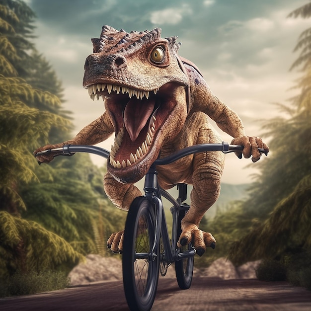 Dinosaur riding a bicycle in the road style Generative AI