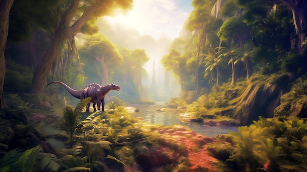 Photo dinosaur roaming a misty prehistoric jungle