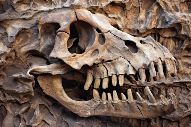 Foto un primo piano di un fossile di cranio di dinosauro