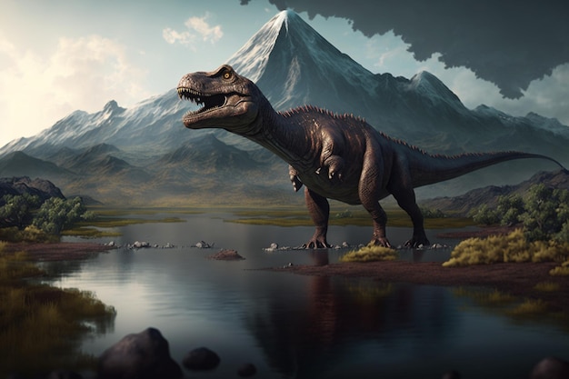 A dinosaur stands in front of a mountain and looks at the camera.