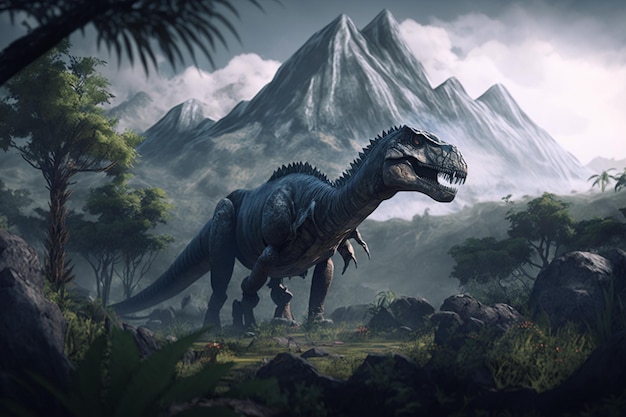 A dinosaur stands in front of a mountain with the words jurassic park on it.