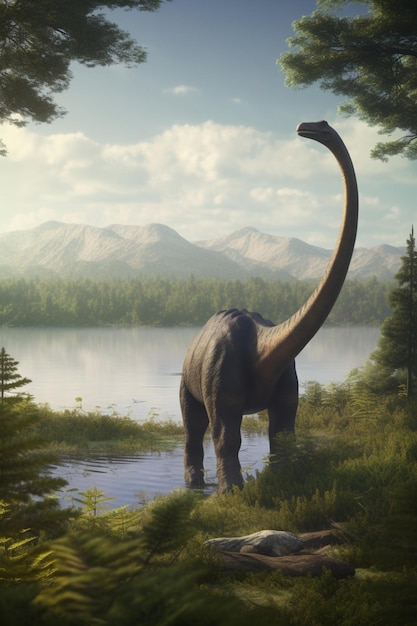 A dinosaur stands in a swamp with mountains in the background.