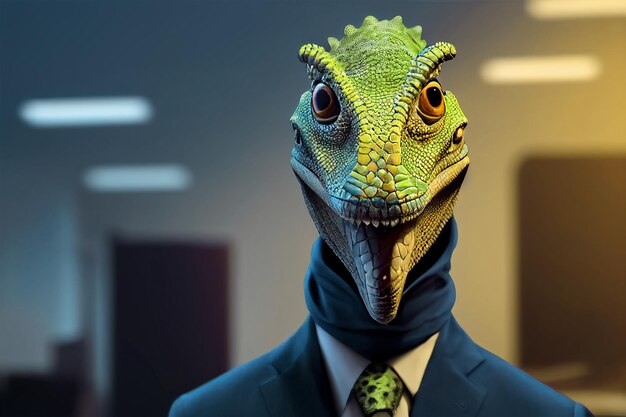 Photo a dinosaur in a suit with a blue shirt and a green head.