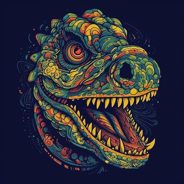 Плакат динозавра t-rex с зелено-желтой головой динозавра.